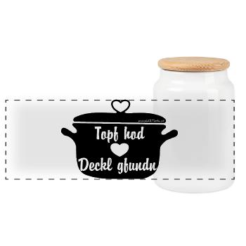 Topf hod Deckl gfundn - Topf hat Deckel gefunden - Panorama Keksdose mit Holzdeckel - Weiß - Vorne