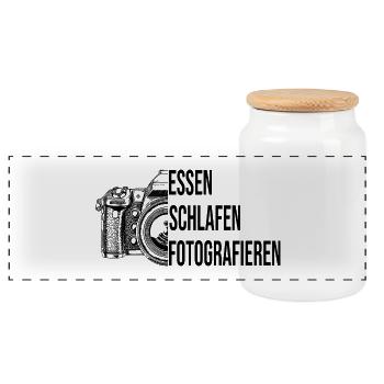 Essen - Schlafen - Fotografieren - Panorama Keksdose mit Holzdeckel - Weiß - Vorne