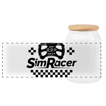 Sim Racer gamer Simracing Lenkrad Symbol Logo icon - Panorama Keksdose mit Holzdeckel - Weiß - Vorne