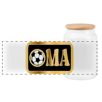 Schriftzug OMA - RENTNERIN FUßBALL - Panorama Keksdose mit Holzdeckel - Weiß - Vorne