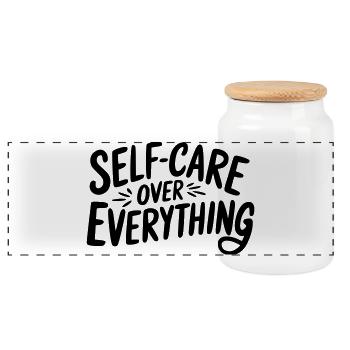 Self Care Over Everything - Panoramic Cookie Jar with Wooden Lid - white - Front
