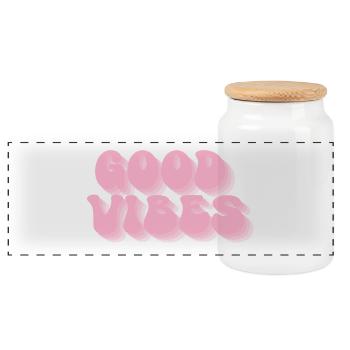 Positive Stimmung – Retro Bubble Schrift - Panorama Keksdose mit Holzdeckel - Weiß - Vorne