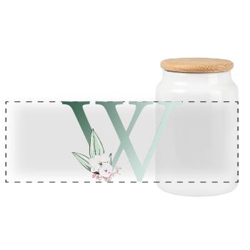 W Monogramm, Floral, personalisierbar - Panorama Keksdose mit Holzdeckel - Weiß - Vorne