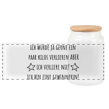 Ich bin eine Gewinnerin! Ich verliere nie! - Panorama Keksdose mit Holzdeckel - Weiß - Vorne