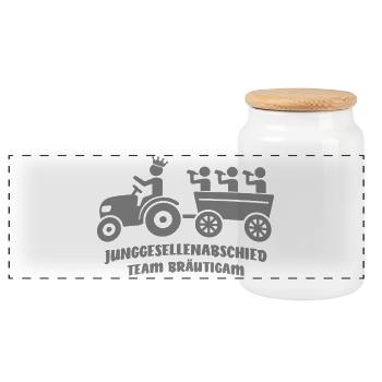 JGA Crew Team Bräutigam On Tour Mit Trecker + Bier - Panorama Keksdose mit Holzdeckel - Weiß - Vorne