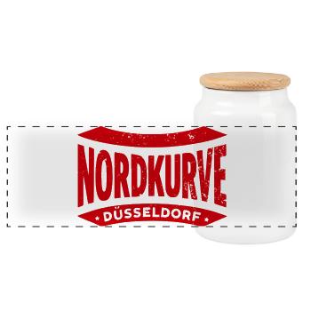 Düsseldorf Nordkurve Hoodie, Shirt, Tasche, Cap - Panorama Keksdose mit Holzdeckel - Weiß - Vorne