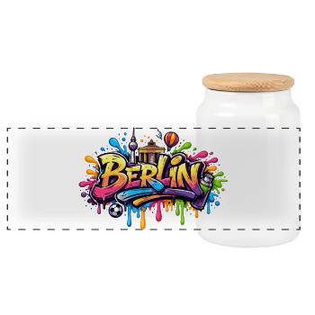 Berlin Graffiti Lettering with Colour Effects - Panoramic Cookie Jar with Wooden Lid - white - Front