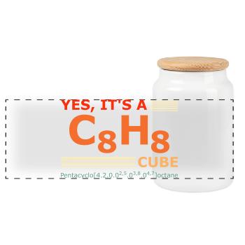 C8H8 Cubane – Yes it's a Cube retro Chemie - Panorama Keksdose mit Holzdeckel - Weiß - Vorne