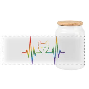 Regenbogenkatze mit Pulsherzlinie - Panorama Keksdose mit Holzdeckel - Weiß - Vorne