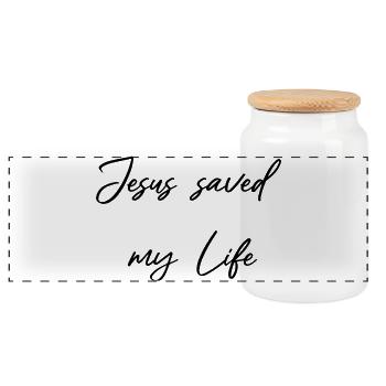 Jesus saved my Life - Saved by grace - Panoramic Cookie Jar with Wooden Lid - white - Front