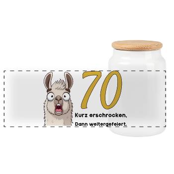 70 Geburtstag – Kurz erschrocken, dann gefeiert - Panorama Keksdose mit Holzdeckel - Weiß - Vorne