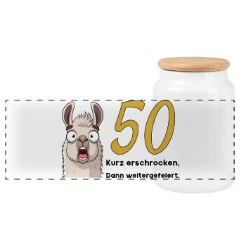 50th birthday – briefly frightened, then celebrated - Panoramic Cookie Jar with Wooden Lid - white - Front