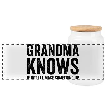 Grandma knows, if not, I'll think of something funny - Panoramic Cookie Jar with Wooden Lid - white - Front
