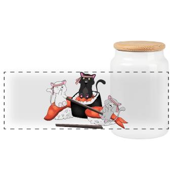 Chats kawaïens mangeant des sushis - Anime japonais mignon - Boîte à biscuits avec couvercle en bois - blanc - Devant