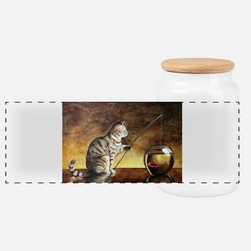 Fischerkatze und Goldfisch im Napf - Panorama Keksdose mit Holzdeckel - Weiß