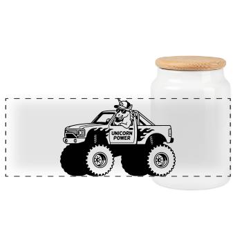 Licorne dans un monster truck - Boîte à biscuits avec couvercle en bois - blanc - Devant