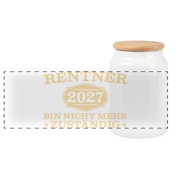 Rentner 2027 Nicht mehr zuständig – Abschied Rente - Panorama Keksdose mit Holzdeckel - Weiß - Vorne
