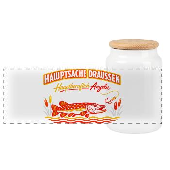 Hauptsache Draußen Angeln Fischdesign - Panorama Keksdose mit Holzdeckel - Weiß - Vorne