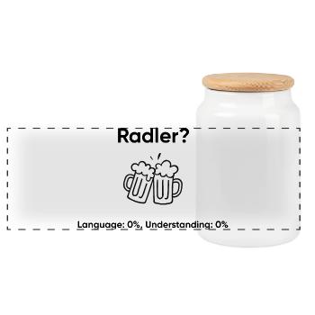Bier Meme - Language 0% Understanding 0% - Panorama Keksdose mit Holzdeckel - Weiß - Vorne