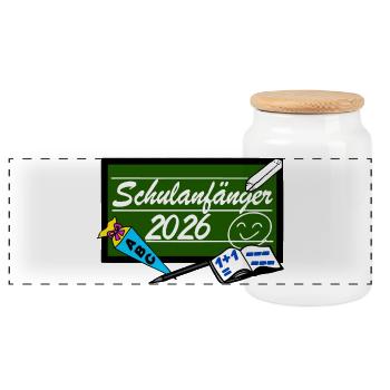 Schulanfänger 2026 - erster Schultag - Panorama Keksdose mit Holzdeckel - Weiß - Vorne