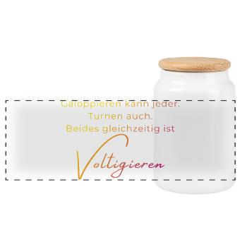 Voltigieren Spruch – Geschenk für Voltigierer - Panorama Keksdose mit Holzdeckel - Weiß - Vorne