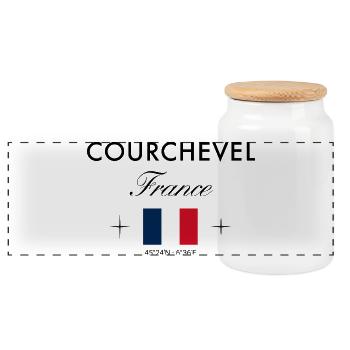 Courchevel, France, coordinates, travel, souvenir - Panoramic Cookie Jar with Wooden Lid - white - Front