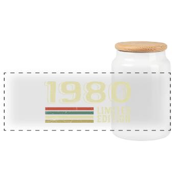 Born in 1980 Birthday 1980 Vintage 1980's - Panoramic Cookie Jar with Wooden Lid - white - Front