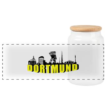 Dortmund Skyline in Schwarz Gelb 2 - Panorama Keksdose mit Holzdeckel - Weiß - Vorne