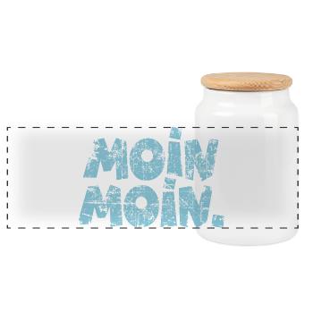 Moin Moin. (Vintage Hellblau) Guten Morgen - Panorama Keksdose mit Holzdeckel - Weiß - Vorne