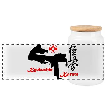 Kyokushin Karate KO Kick mit Kanku Zeichen - Panorama Keksdose mit Holzdeckel - Weiß - Vorne