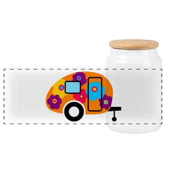 Caravan Wohnwagen Blüten Blumen Flower Power bunt - Panorama Keksdose mit Holzdeckel - Weiß - Vorne