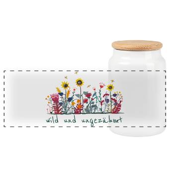 Wild und ungezähmt - Wiesenblumen, Garten - Panorama Keksdose mit Holzdeckel - Weiß - Vorne