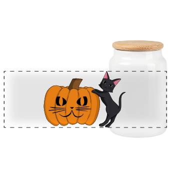 Schwarz Katze mit Kürbis Fratze - Panorama Keksdose mit Holzdeckel - Weiß - Vorne