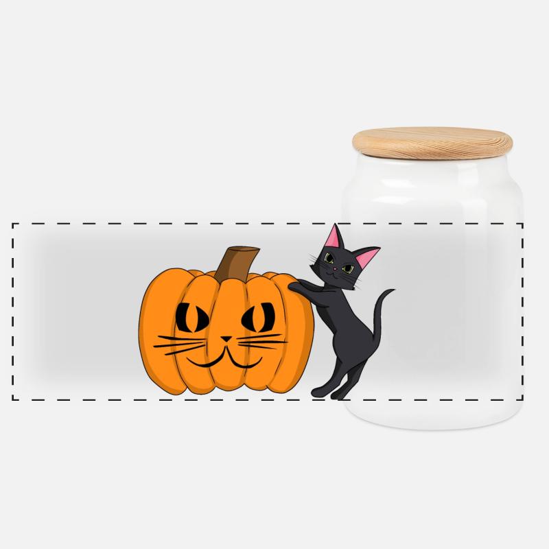 Chat noir avec grimace de citrouille - Boîte à biscuits avec couvercle en bois - blanc