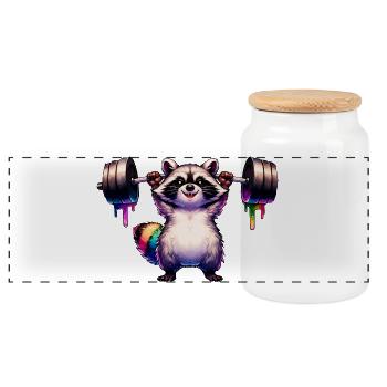 Rainbow Raccoon hebt schwere Langhantel - Panorama Keksdose mit Holzdeckel - Weiß - Vorne