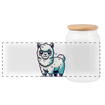 White Llama with Blue Accents - Panoramic Cookie Jar with Wooden Lid - white - Front