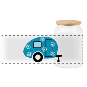 Caravan Schneeflocken Wohnwagen Camping Winter Fan - Panorama Keksdose mit Holzdeckel - Weiß - Vorne