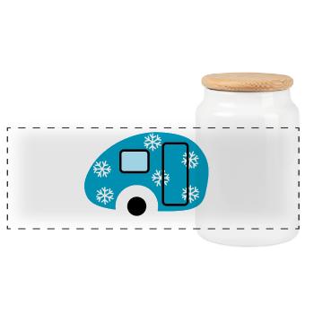 Caravan Camping Schnee Schneeflocken Winter Fan - Panorama Keksdose mit Holzdeckel - Weiß - Vorne