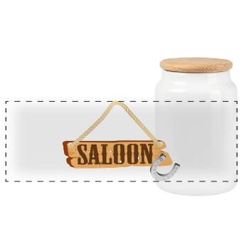 Saloon-Schild mit Hufeisen im Western-Stil - Panorama Keksdose mit Holzdeckel - Weiß - Vorne