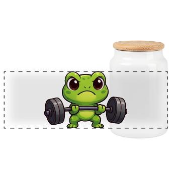 Cartoon frog with dumbbell weightlifting fitness - Panoramic Cookie Jar with Wooden Lid - white - Front