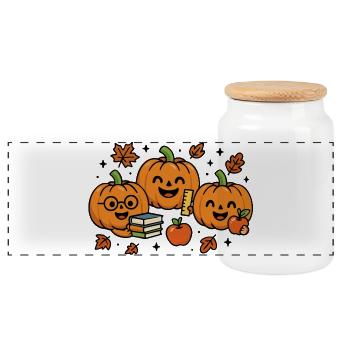 Funny pumpkins with books autumn Halloween - Panoramic Cookie Jar with Wooden Lid - white - Front