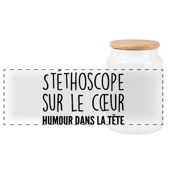 Stéthoscope au cœur, humour dans la tête - Boîte à biscuits avec couvercle en bois - blanc - Devant