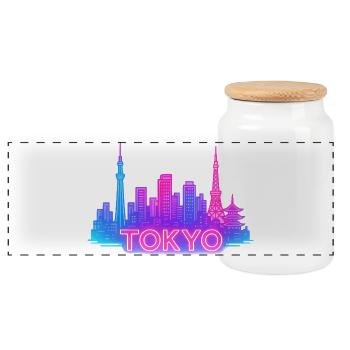 Neon Tokyo Skyline - Panoramic Cookie Jar with Wooden Lid - white - Front