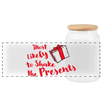Most Likely to Shake the Presents Weihnachten Spaß - Panorama Keksdose mit Holzdeckel - Weiß - Vorne