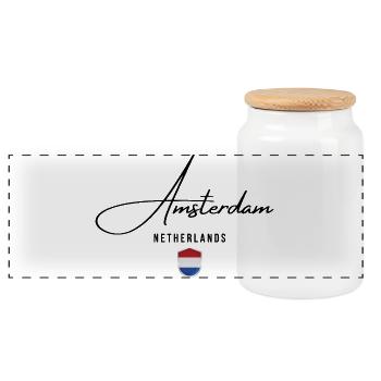 Amsterdam Netherlands, I love Amsterdam - Panoramic Cookie Jar with Wooden Lid - white - Front