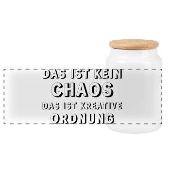 Kreative Ordnung – Chaos Humor Shirt - Panorama Keksdose mit Holzdeckel - Weiß - Vorne