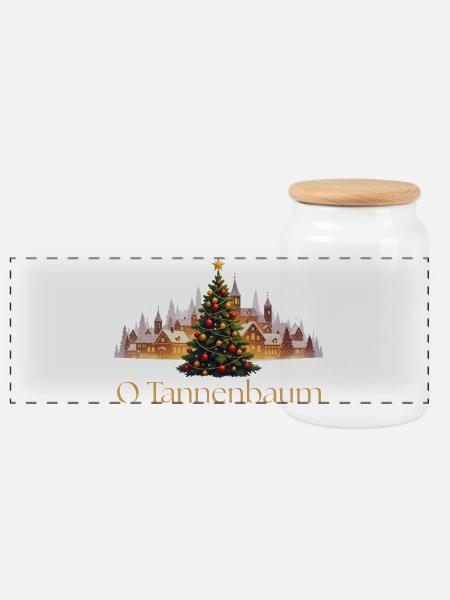 Tannenbaum - Panorama Keksdose mit Holzdeckel - Weiß