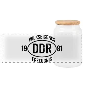 DDR Geburtstag Shirt, Hoodie, Tasse Jahrgang 1981 - Panorama Keksdose mit Holzdeckel - Weiß - Vorne