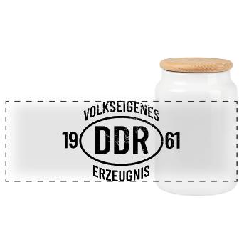 DDR Geburtstag Shirt, Hoodie, Tasse Jahrgang 1961 - Panorama Keksdose mit Holzdeckel - Weiß - Vorne