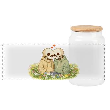Cozy Skeleton Couple on Flower Meadow – Near - Panoramic Cookie Jar with Wooden Lid - white - Front